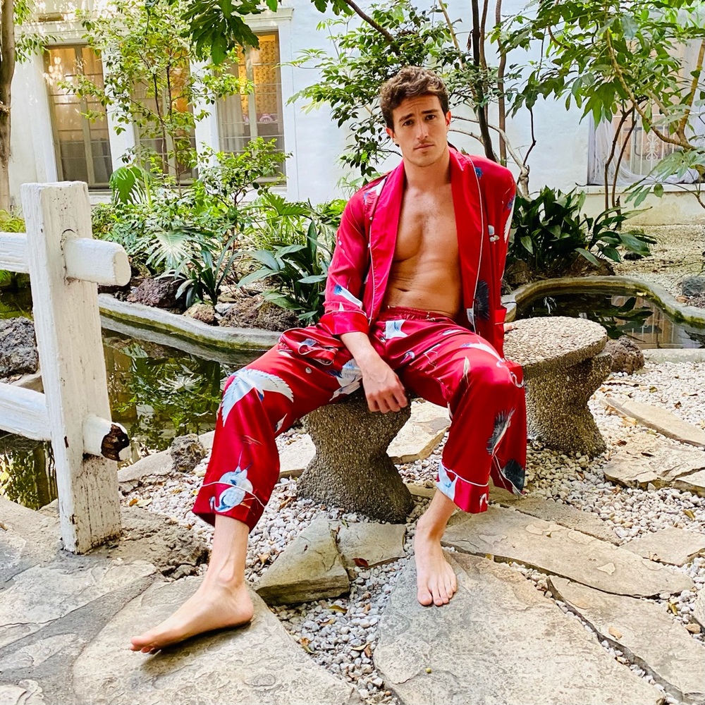 Satin Red Bird Print Robe and Pant Set